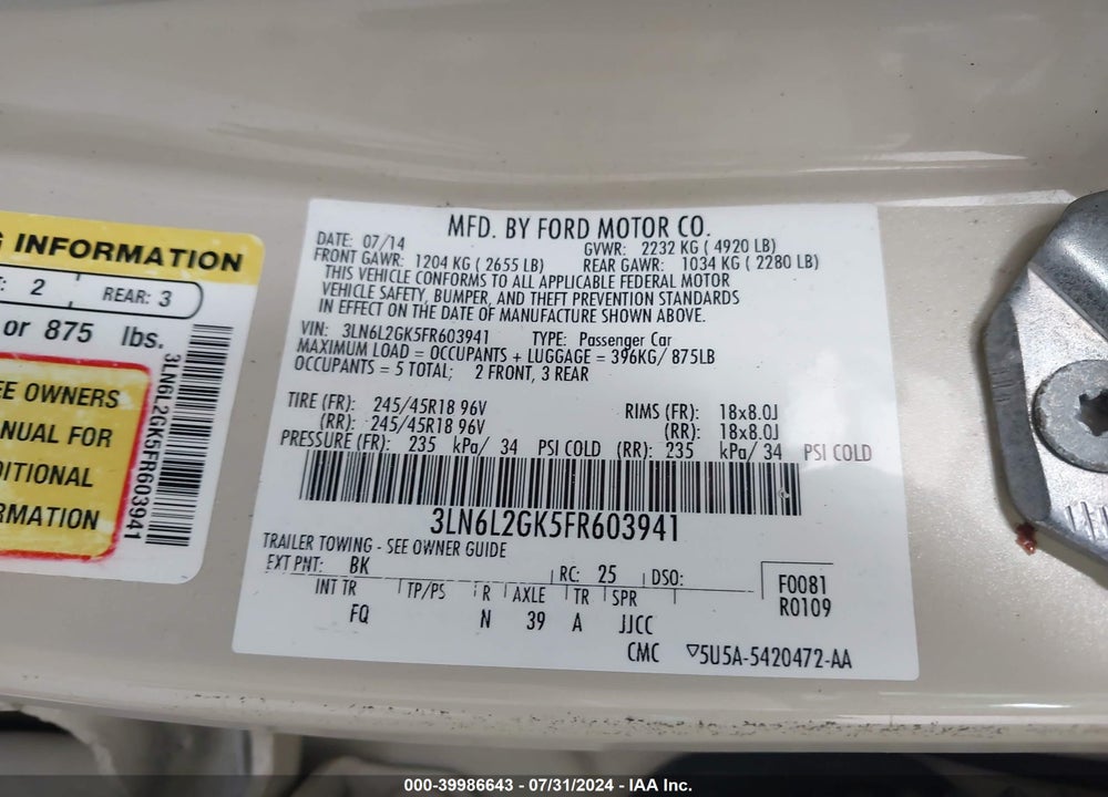 2015 LINCOLN MKZ VIN: 3LN6L2GK5FR603941