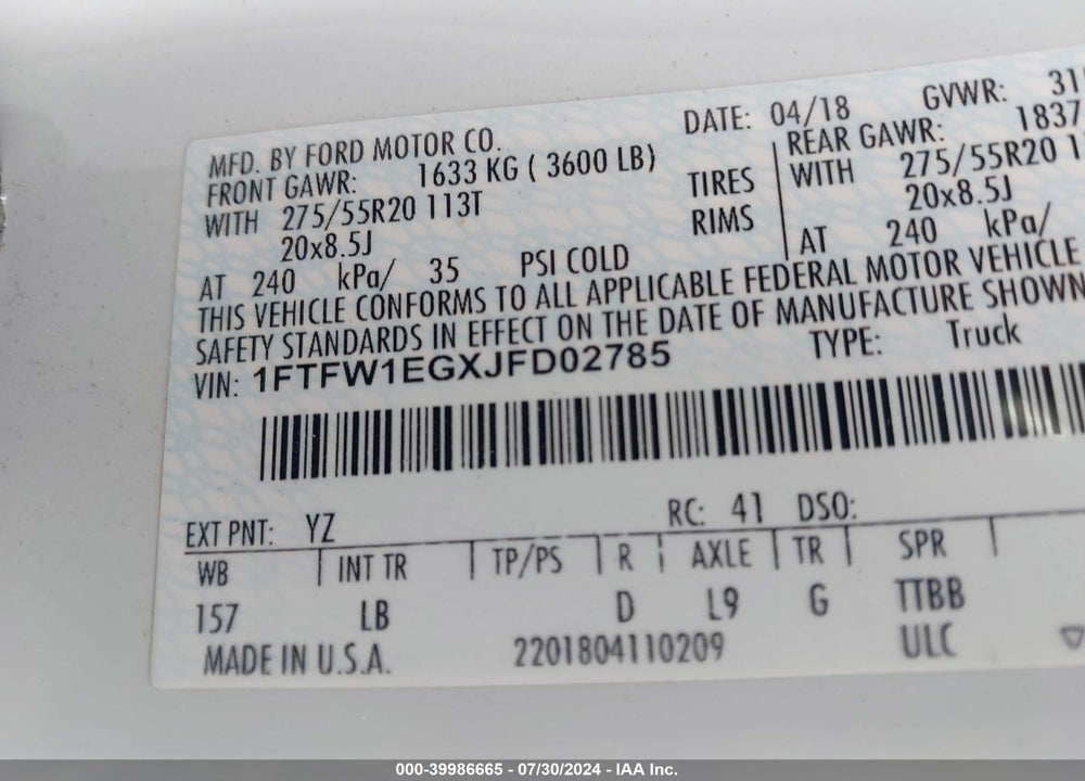 2018 FORD F-150 LARIAT VIN: 1FTFW1EGXJFD02785