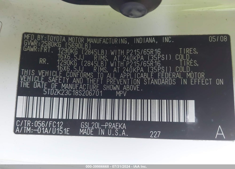 2008 TOYOTA SIENNA LE VIN: 5TDZK23C18S206701