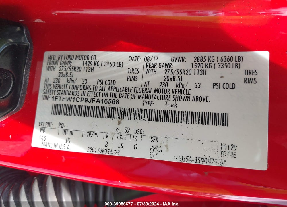 2018 FORD F-150 XL VIN: 1FTEW1CP9JFA16568