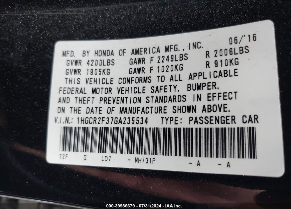 2016 HONDA ACCORD LX VIN: 1HGCR2F37GA235534