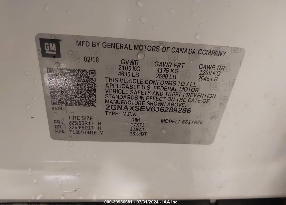 2018 CHEVROLET EQUINOX LT VIN: 2GNAXSEV6J6289286