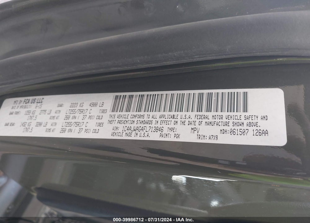 2015 JEEP WRANGLER WILLYS WHEELER VIN: 1C4AJWAG4FL713846