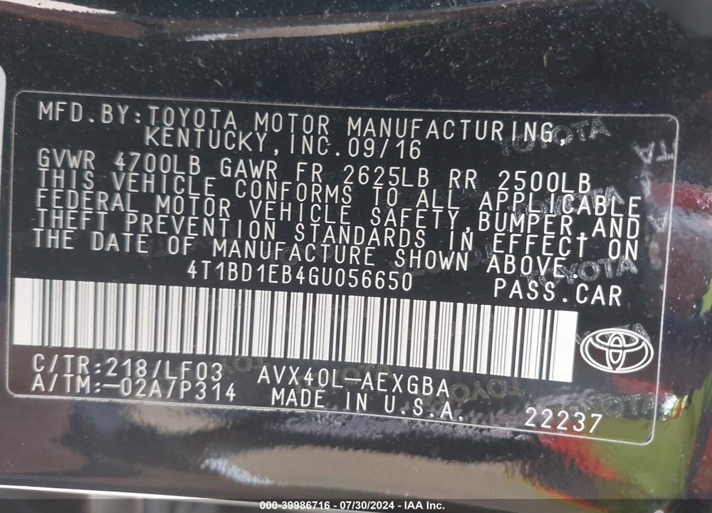2016 TOYOTA AVALON HYBRID XLE VIN: 4T1BD1EB4GU056650