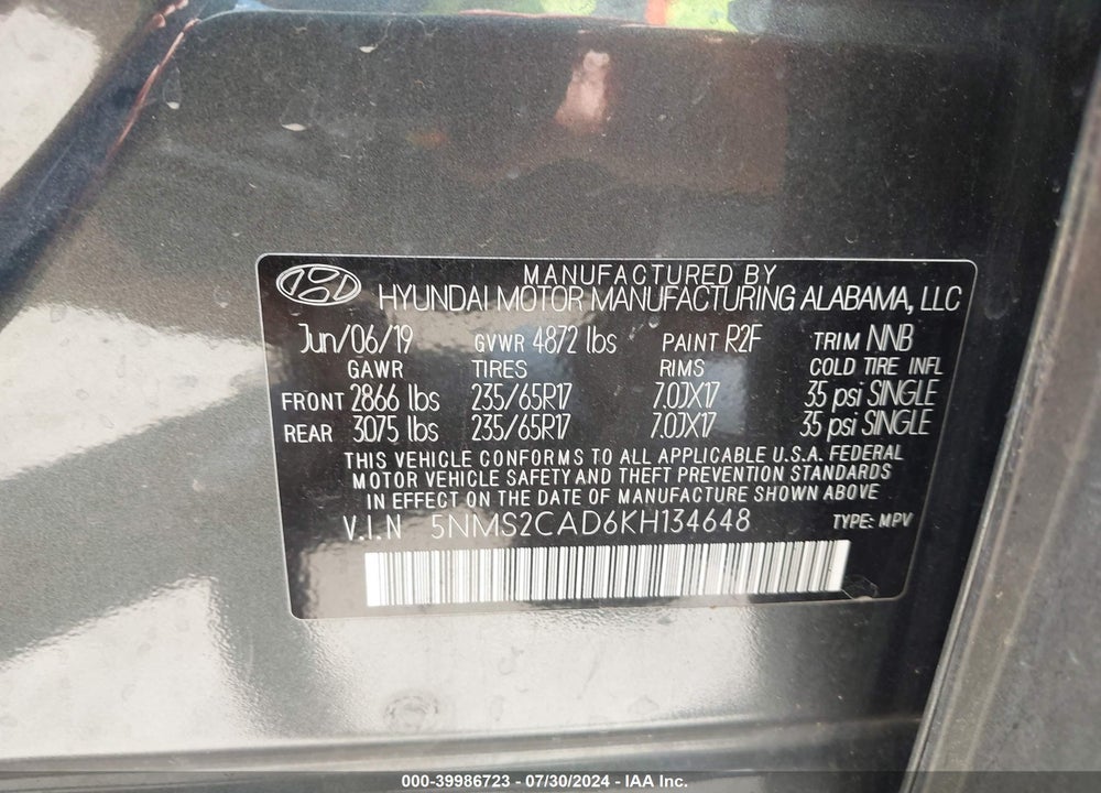 2019 HYUNDAI SANTA FE SE VIN: 5NMS2CAD6KH134648