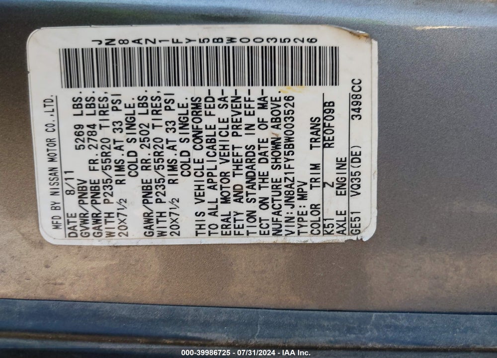 2011 NISSAN MURANO CROSSCABRIOLET VIN: JN8AZ1FY5BW003526