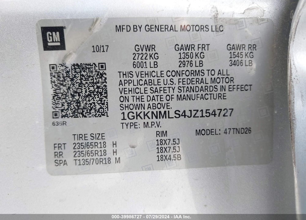 2018 GMC ACADIA SLT-1 VIN: 1GKKNMLS4JZ154727