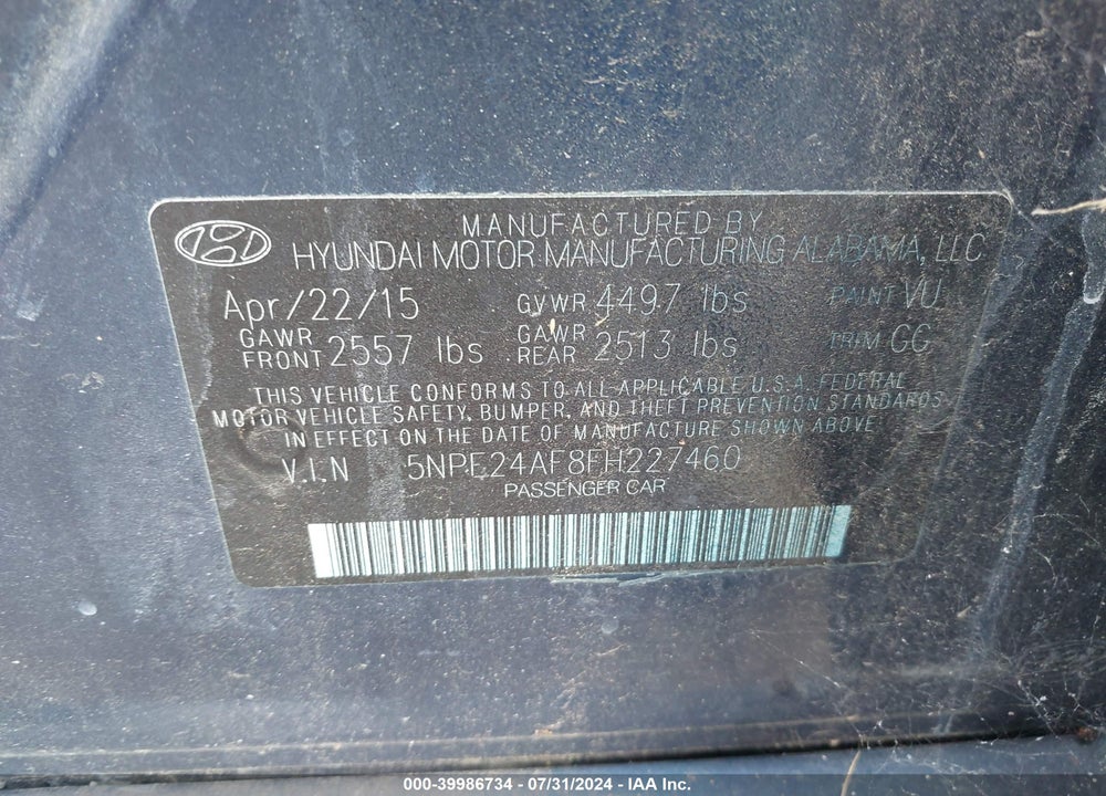 2015 HYUNDAI SONATA SE VIN: 5NPE24AF8FH227460