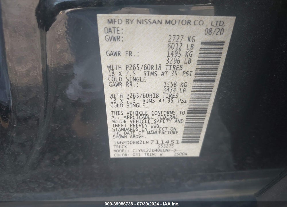 2020 NISSAN FRONTIER SV 4X4 VIN: 1N6ED0EB2LN711451