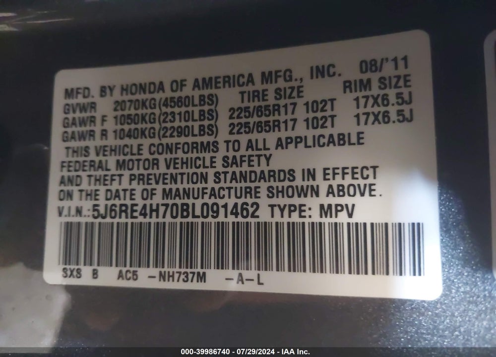 2011 HONDA CR-V EX-L VIN: 5J6RE4H70BL091462