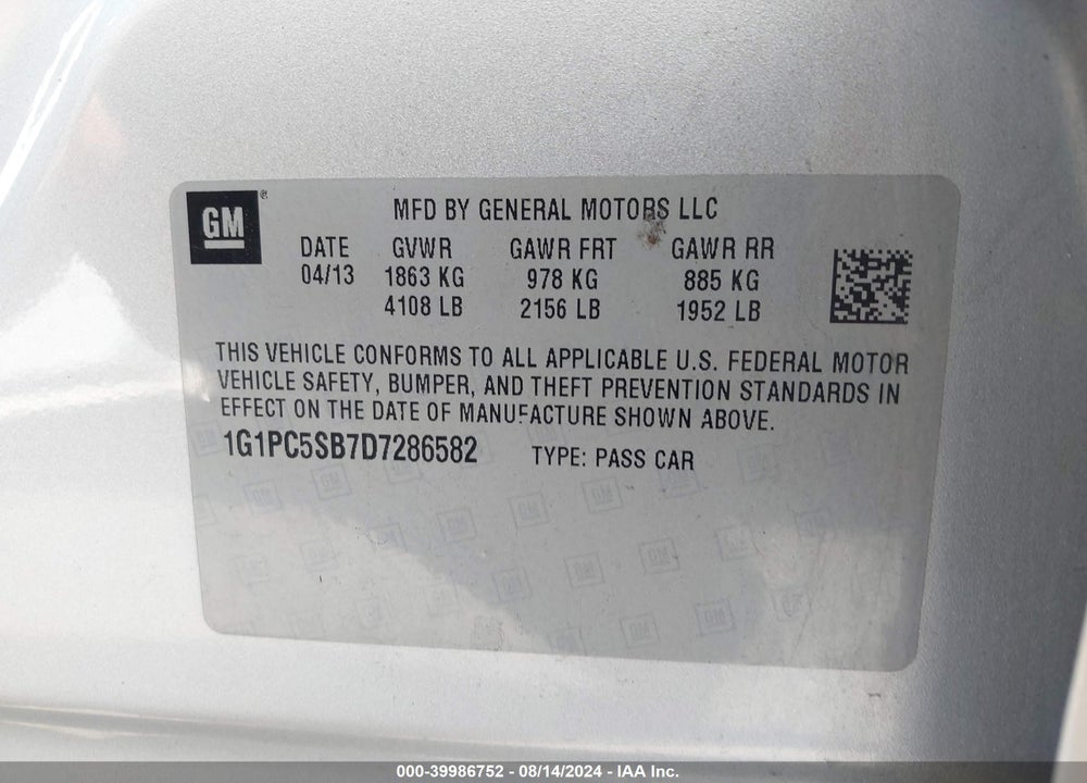 2013 CHEVROLET CRUZE 1LT AUTO VIN: 1G1PC5SB7D7286582
