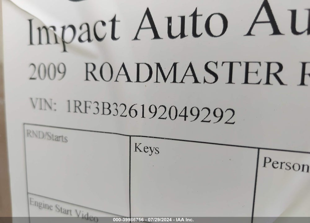 2009 ROADMASTER RAIL STRAIGHT RAIL VIN: 1RF3B326192049292