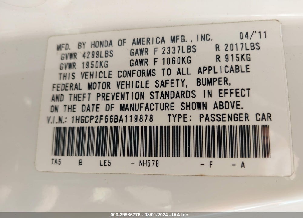 2011 HONDA ACCORD 2.4 SE VIN: 1HGCP2F66BA119878