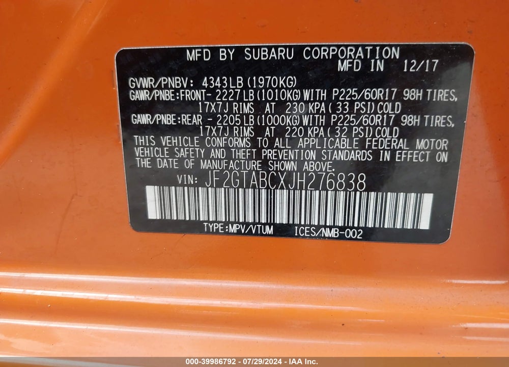 2018 SUBARU CROSSTREK 2.0I PREMIUM VIN: JF2GTABCXJH276838