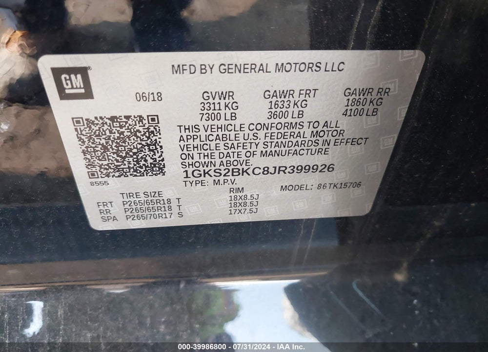 2018 GMC YUKON SLT VIN: 1GKS2BKC8JR399926