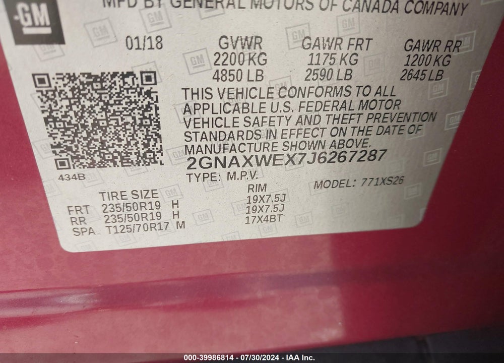 2018 CHEVROLET EQUINOX PREMIER VIN: 2GNAXWEX7J6267287