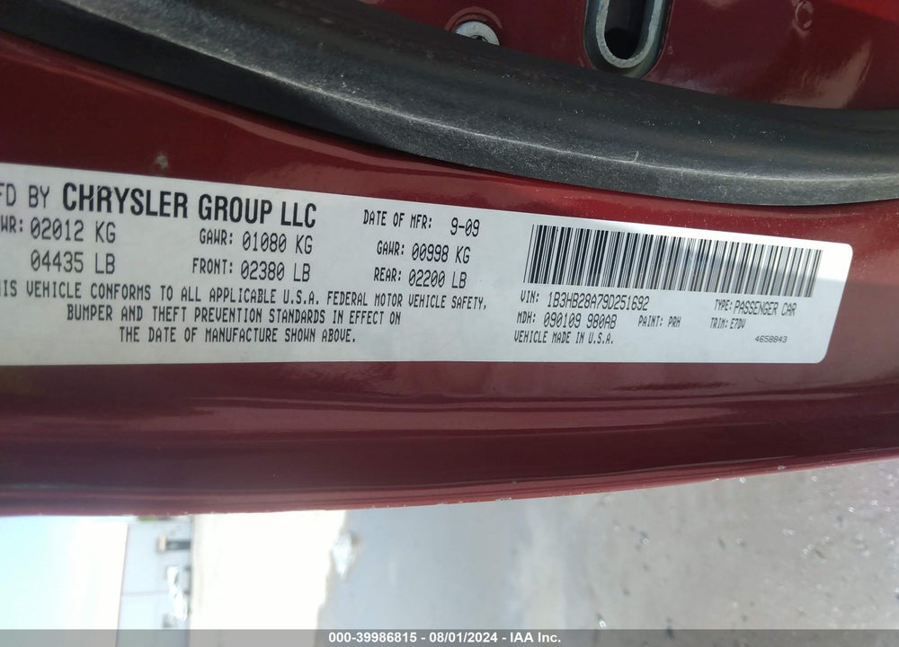 2009 DODGE CALIBER SE VIN: 1B3HB28A79D251692