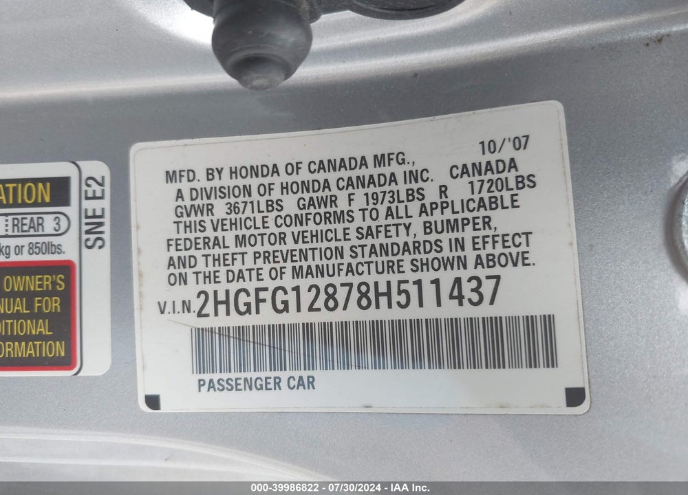2008 HONDA CIVIC EX VIN: 2HGFG12878H511437