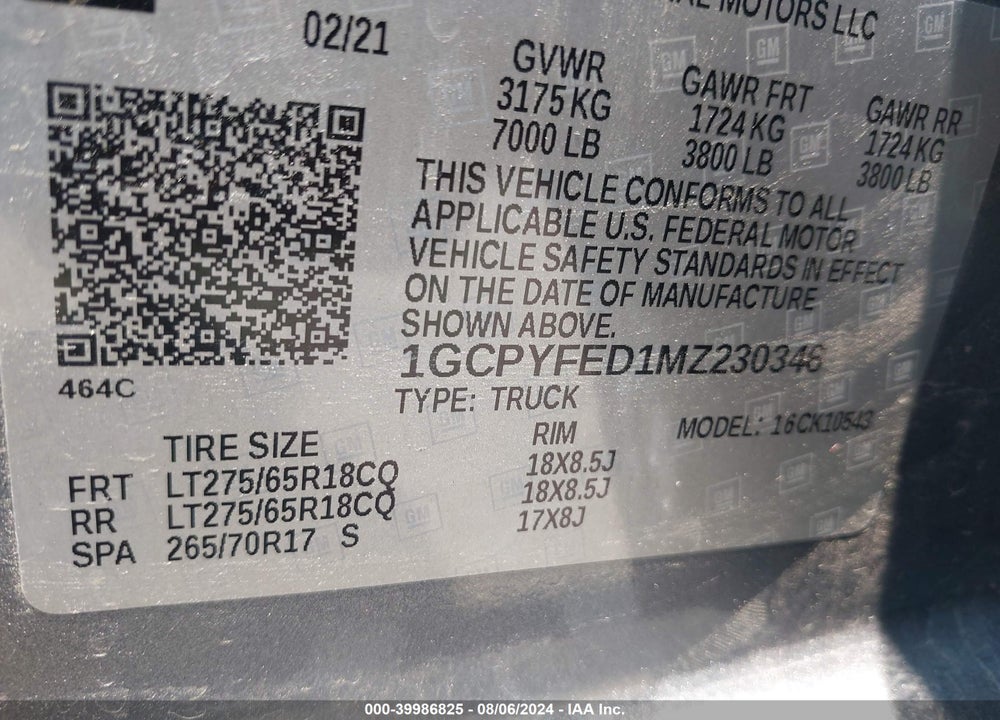 2021 CHEVROLET SILVERADO 1500 4WD SHORT BED LT TRAIL BOSS VIN: 1GCPYFED1MZ230346