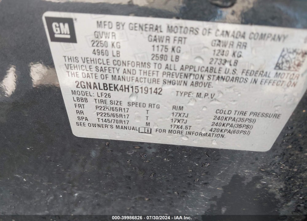 2017 CHEVROLET EQUINOX LS VIN: 2GNALBEK4H1519142