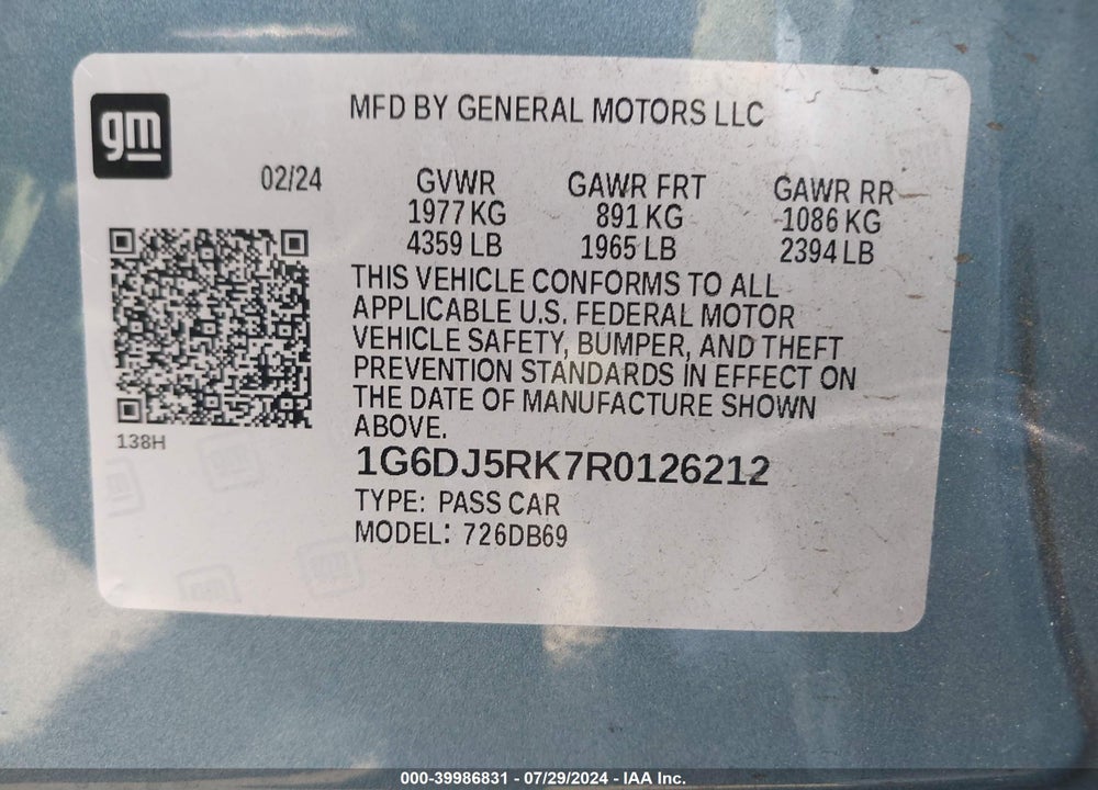 2024 CADILLAC CT4 LUXURY VIN: 1G6DJ5RK7R0126212