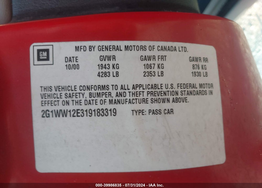 2001 CHEVROLET MONTE CARLO LS VIN: 2G1WW12E319183319