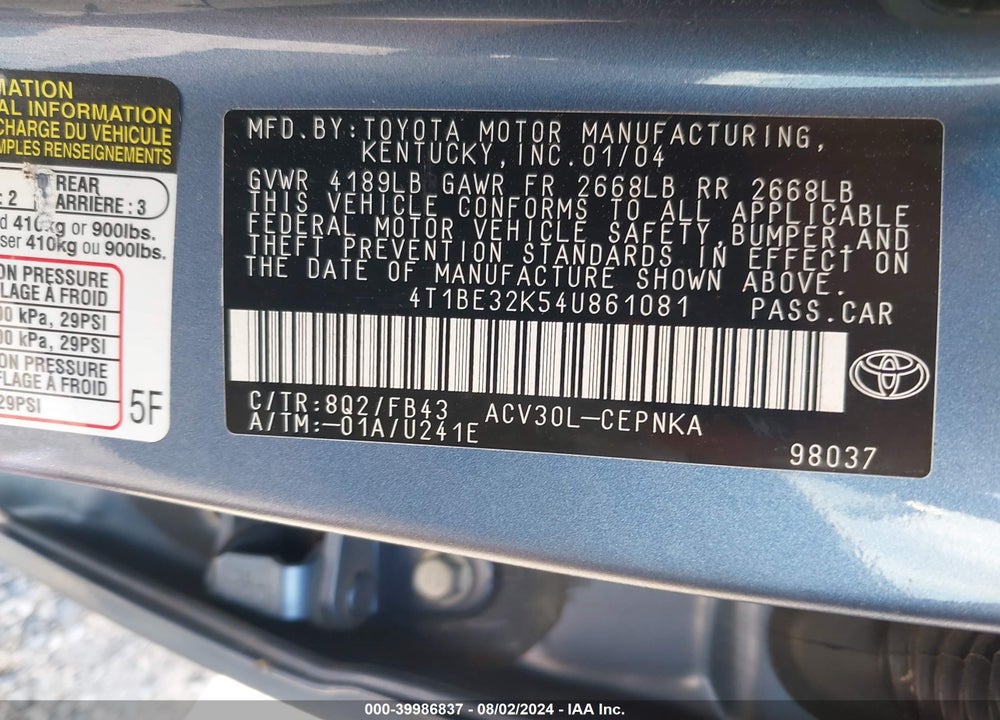 2004 TOYOTA CAMRY LE VIN: 4T1BE32K54U861081