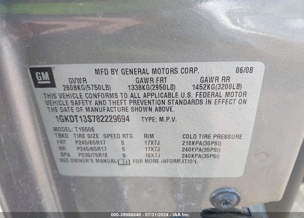 2008 GMC ENVOY SLE VIN: 1GKDT13S782229694