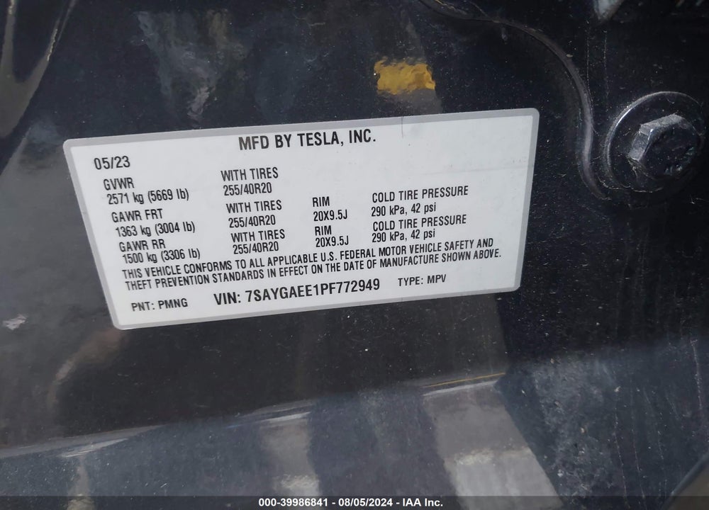2023 TESLA MODEL Y AWD/LONG RANGE DUAL MOTOR ALL-WHEEL DRIVE VIN: 7SAYGAEE1PF772949