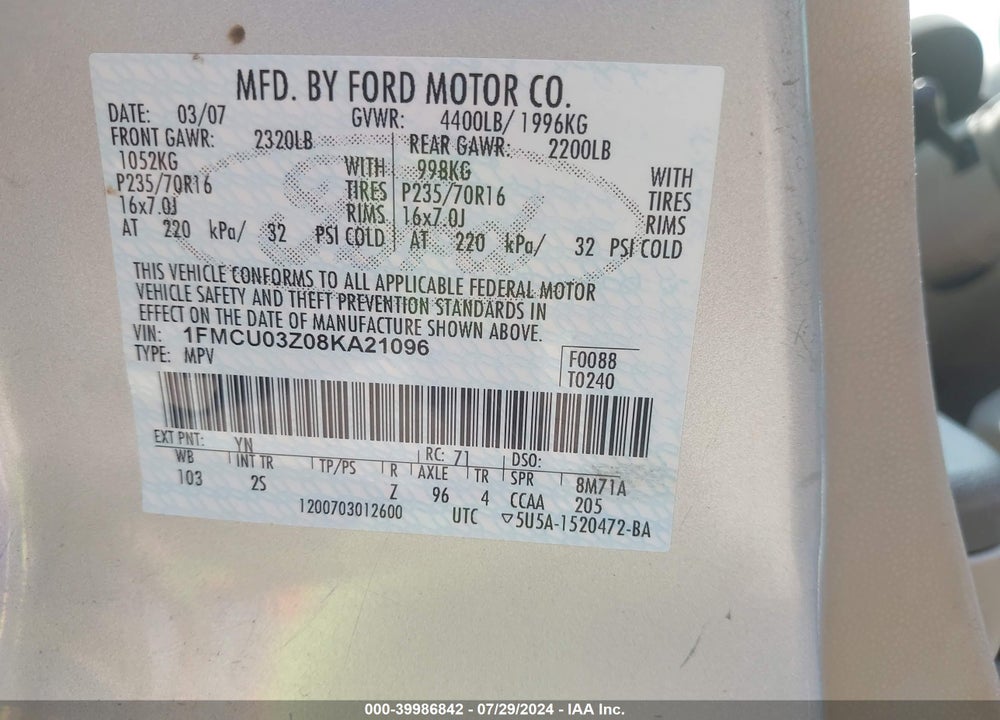 2008 FORD ESCAPE XLT VIN: 1FMCU03Z08KA21096