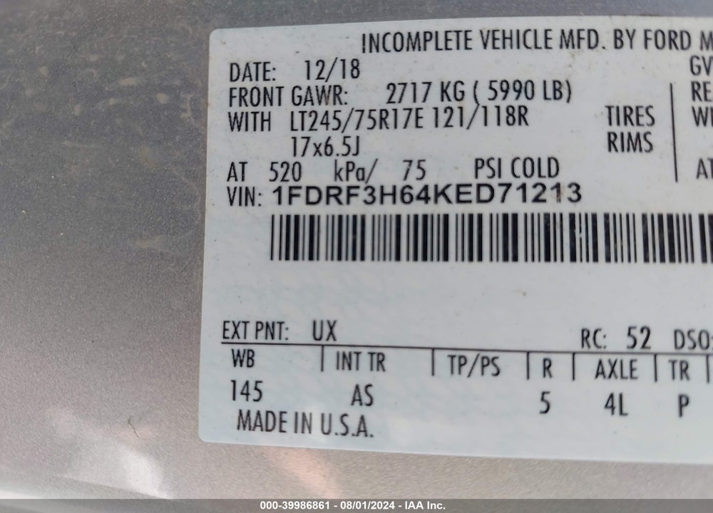 2019 FORD F-350 CHASSIS XL VIN: 1FDRF3H64KED71213