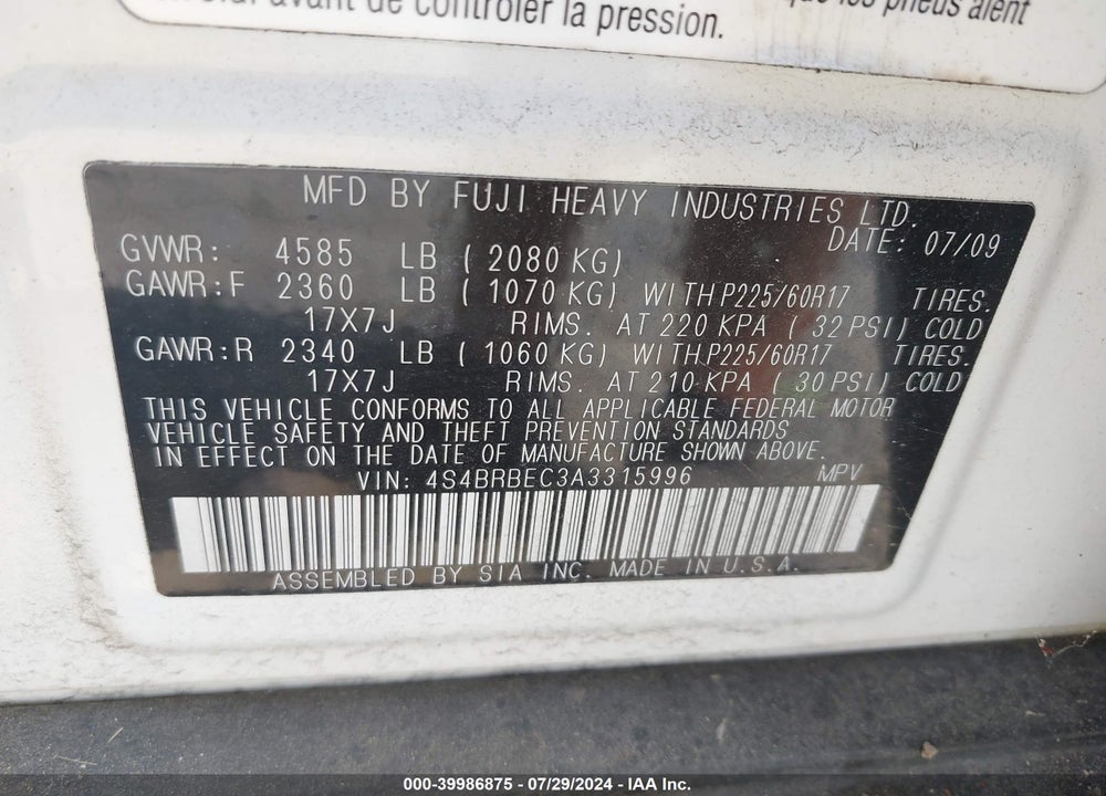 2010 SUBARU OUTBACK 2.5I PREMIUM VIN: 4S4BRBEC3A3315996