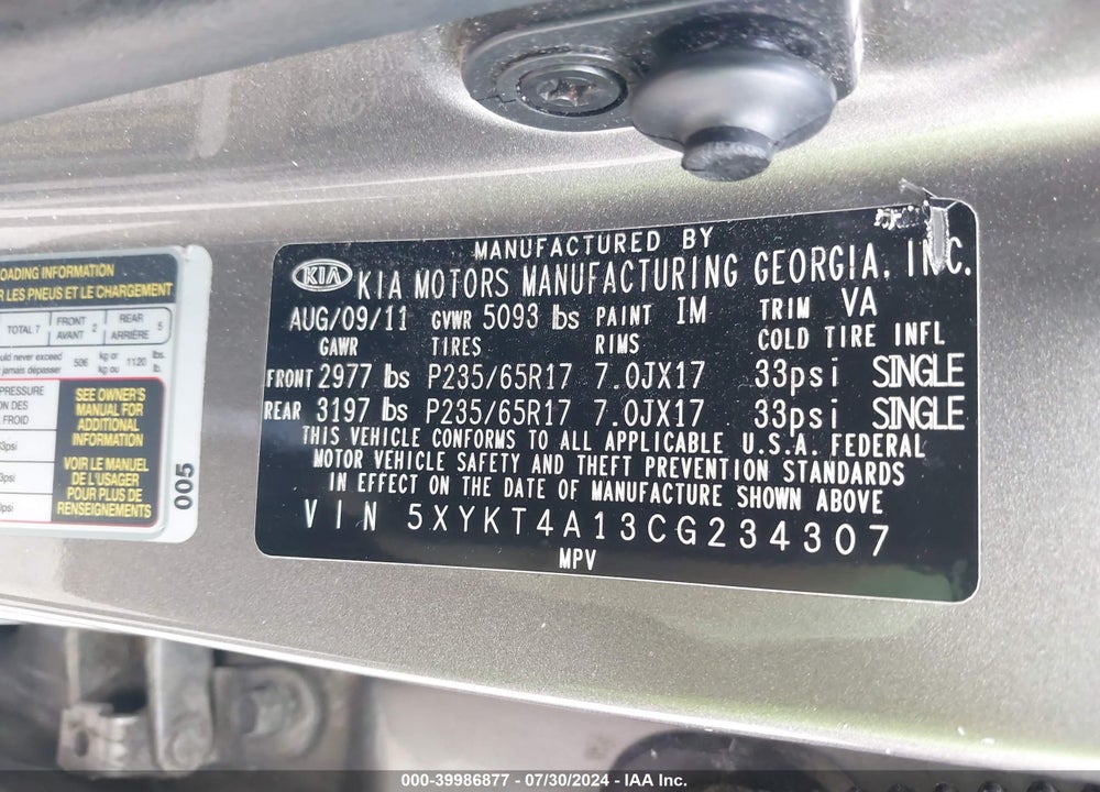 2012 KIA SORENTO LX VIN: 5XYKT4A13CG234307