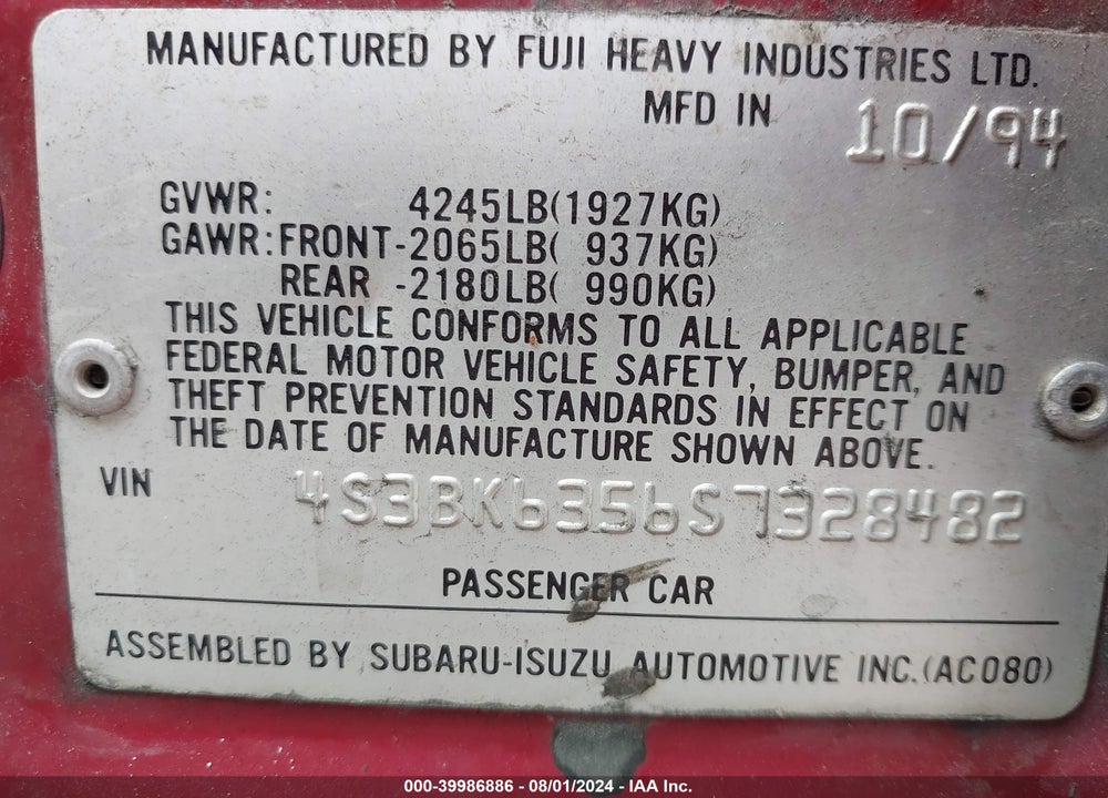 1995 SUBARU LEGACY L/OUTBACK VIN: 4S3BK6356S7328482