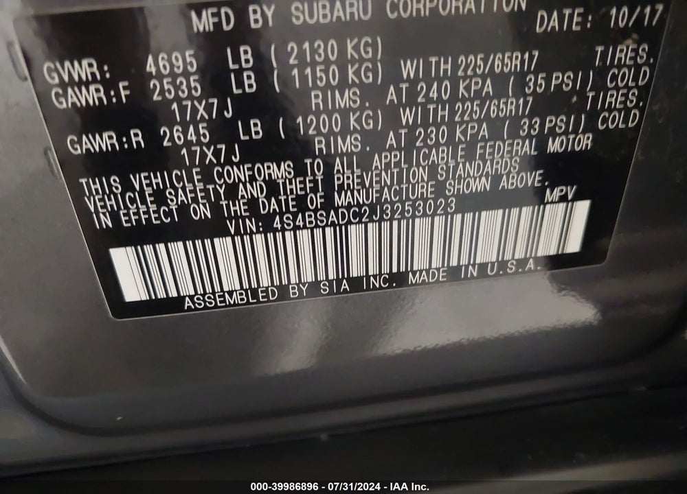 2018 SUBARU OUTBACK 2.5I PREMIUM VIN: 4S4BSADC2J3253023