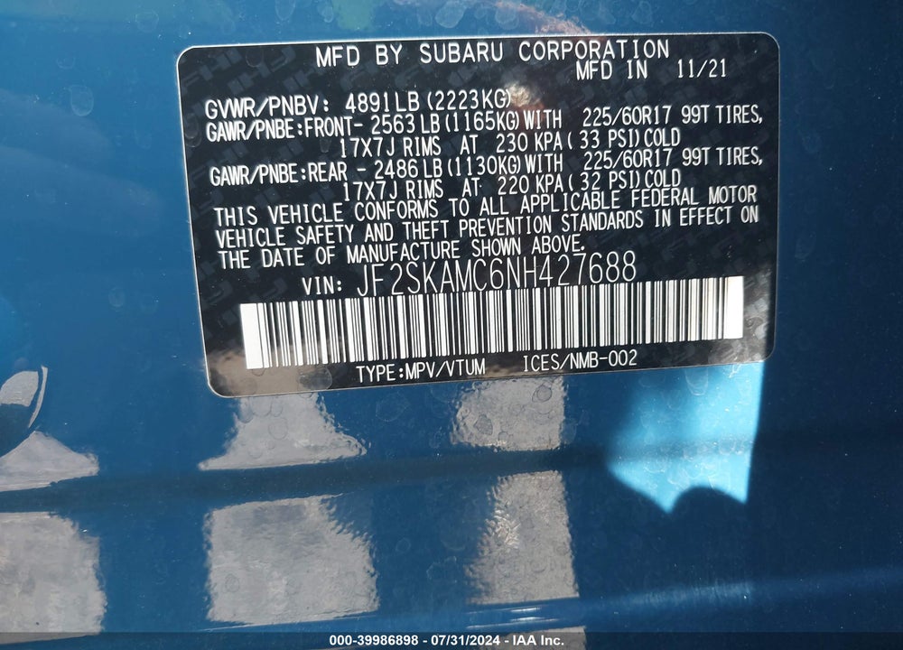 2022 SUBARU FORESTER WILDERNESS VIN: JF2SKAMC6NH427688