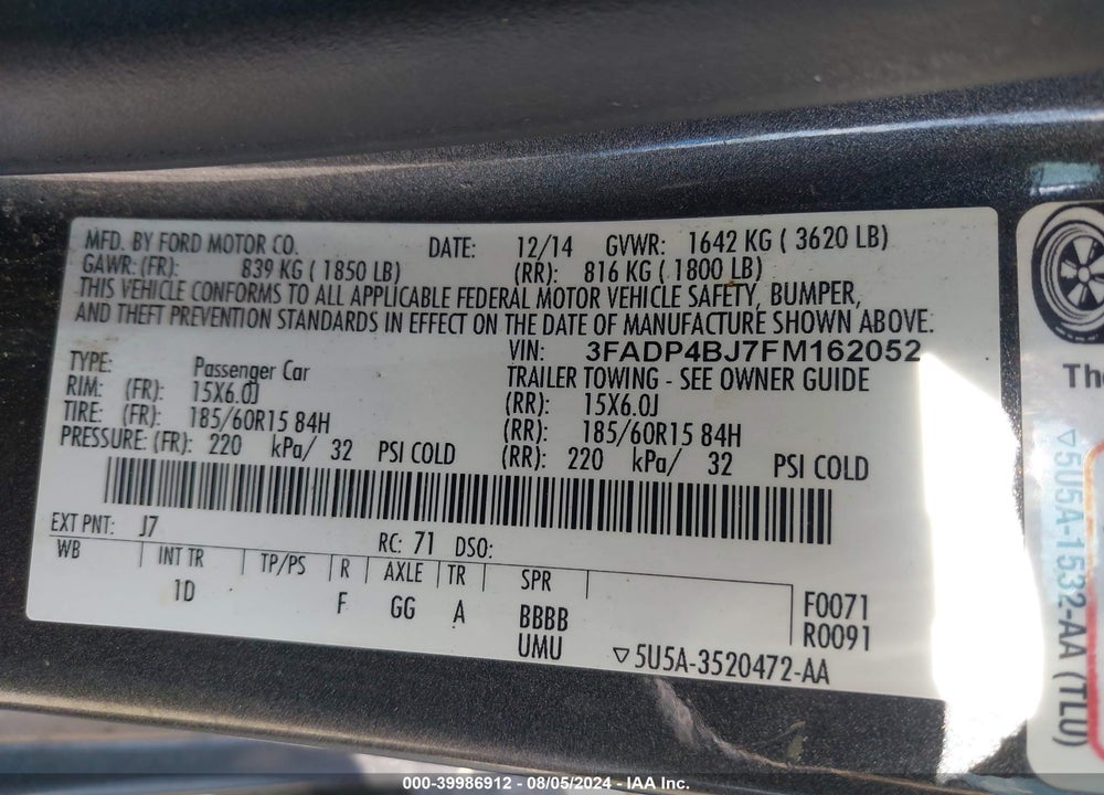 2015 FORD FIESTA SE VIN: 3FADP4BJ7FM162052