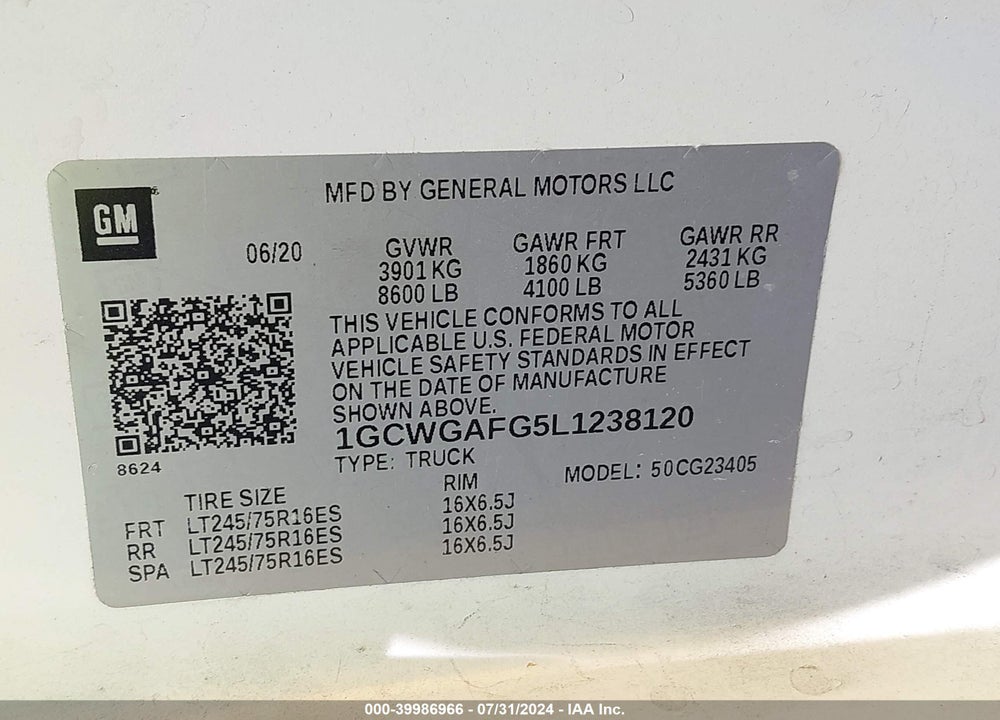 2020 CHEVROLET EXPRESS CARGO RWD 2500 REGULAR WHEELBASE WT VIN: 1GCWGAFG5L1238120