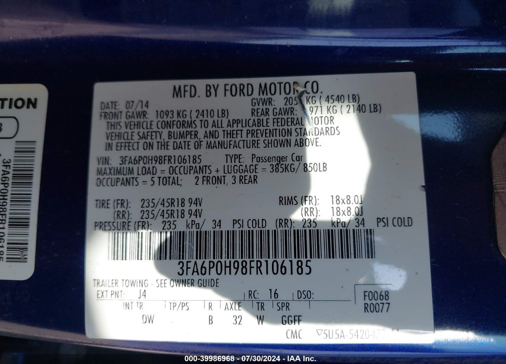 2015 FORD FUSION SE VIN: 3FA6P0H98FR106185