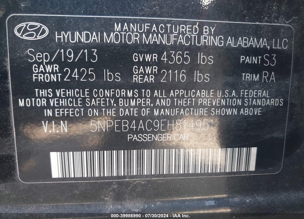 2014 HYUNDAI SONATA VIN: 5NPEB4AC9EH814951