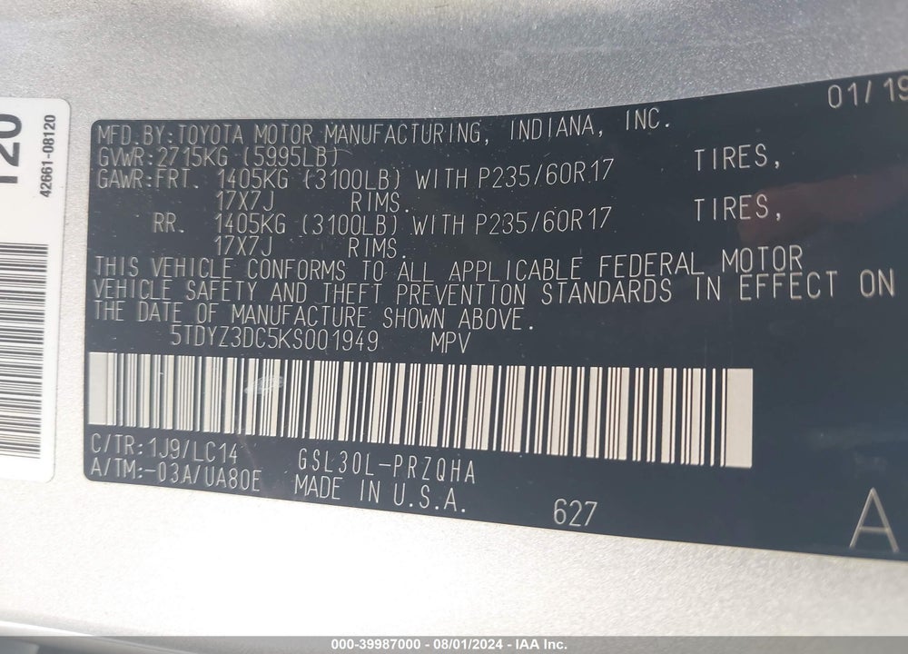 2019 TOYOTA SIENNA XLE 8 PASSENGER VIN: 5TDYZ3DC5KS001949