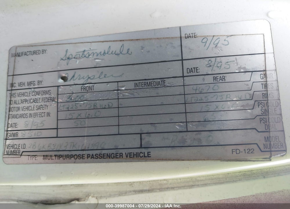 1996 DODGE RAM VAN B3500 VIN: 2B6KB31Y3TK101890