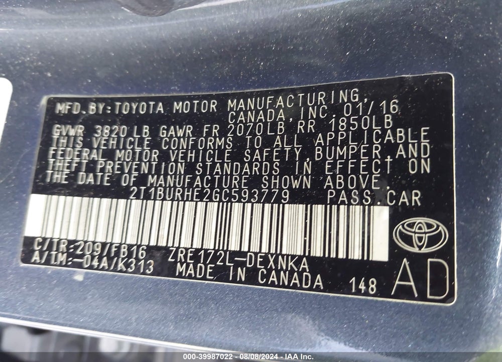 2016 TOYOTA COROLLA LE VIN: 2T1BURHE2GC593779