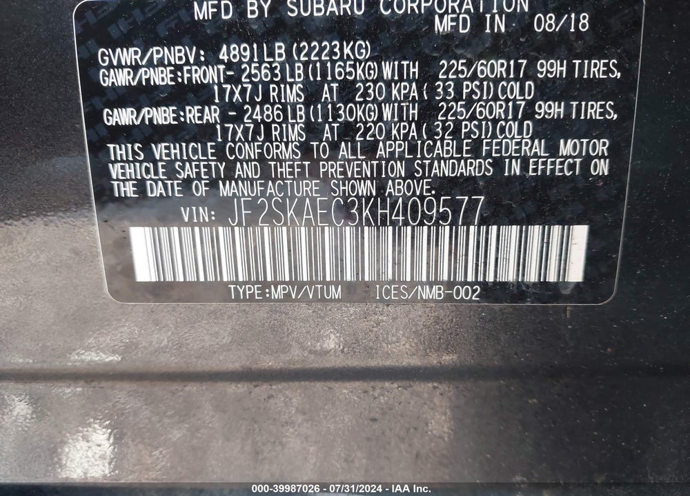 2019 SUBARU FORESTER PREMIUM VIN: JF2SKAEC3KH409577