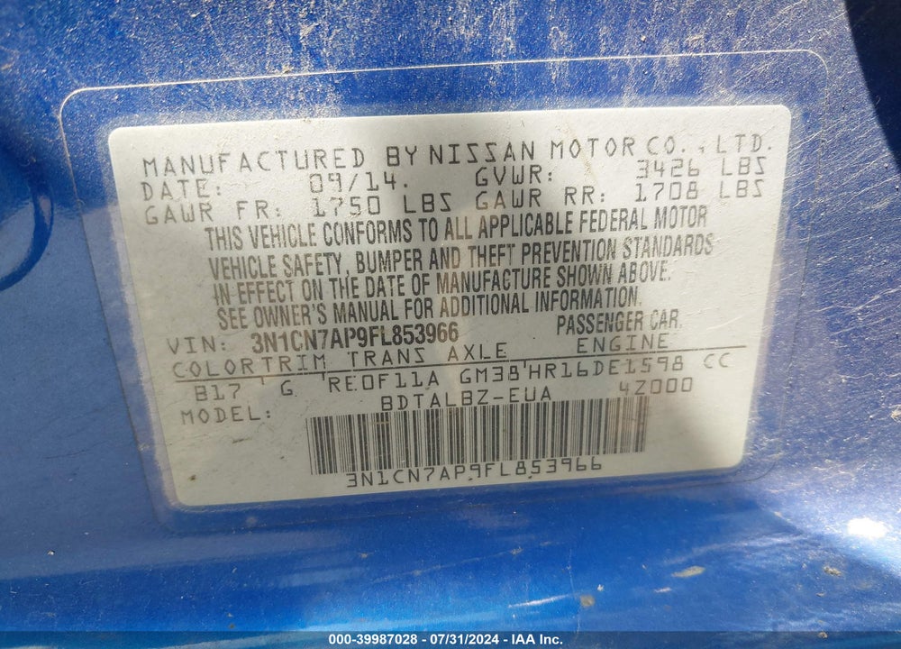 2015 NISSAN VERSA 1.6 SV VIN: 3N1CN7AP9FL853966