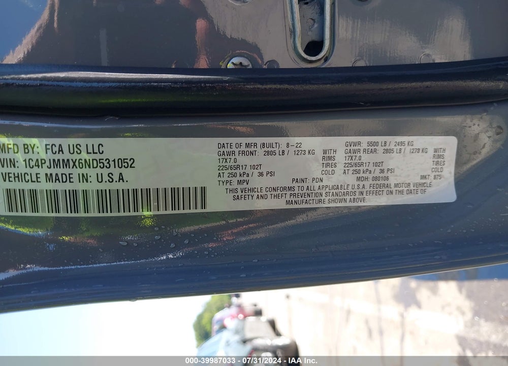 2022 JEEP CHEROKEE LATITUDE LUX 4X4 VIN: 1C4PJMMX6ND531052