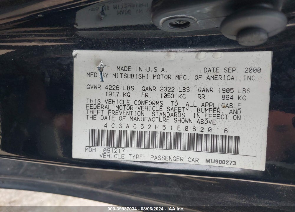 2001 CHRYSLER SEBRING LXI VIN: 4C3AG52H51E062016