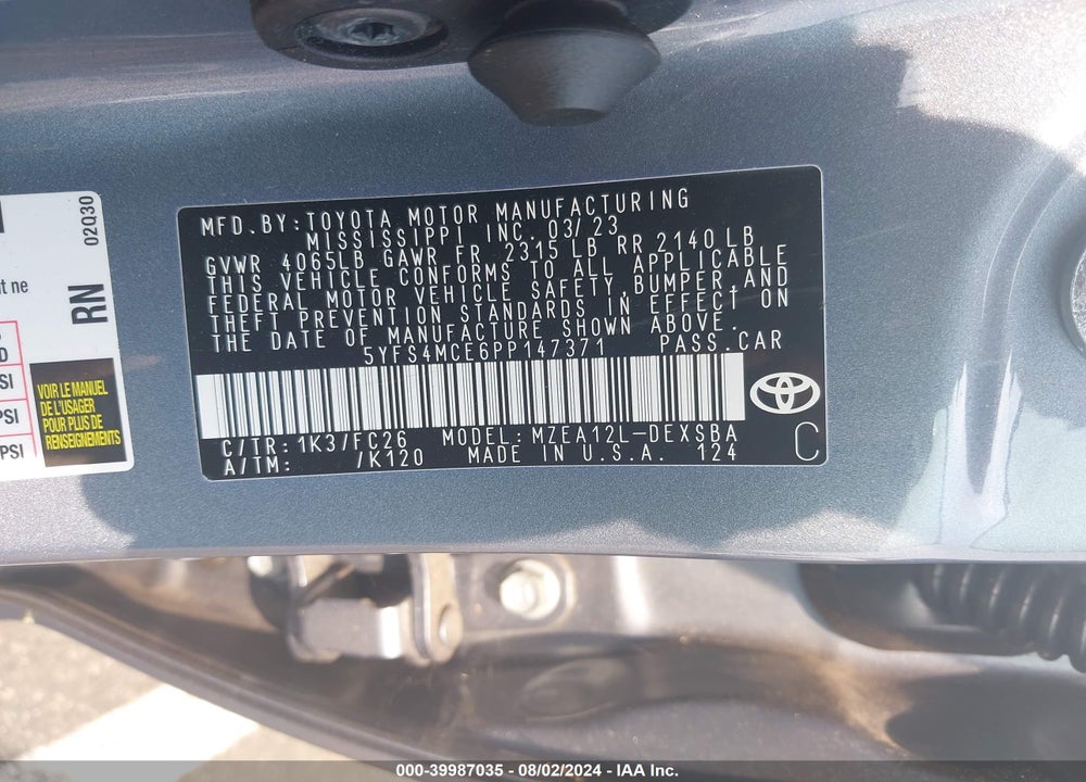 2023 TOYOTA COROLLA SE VIN: 5YFS4MCE6PP147371