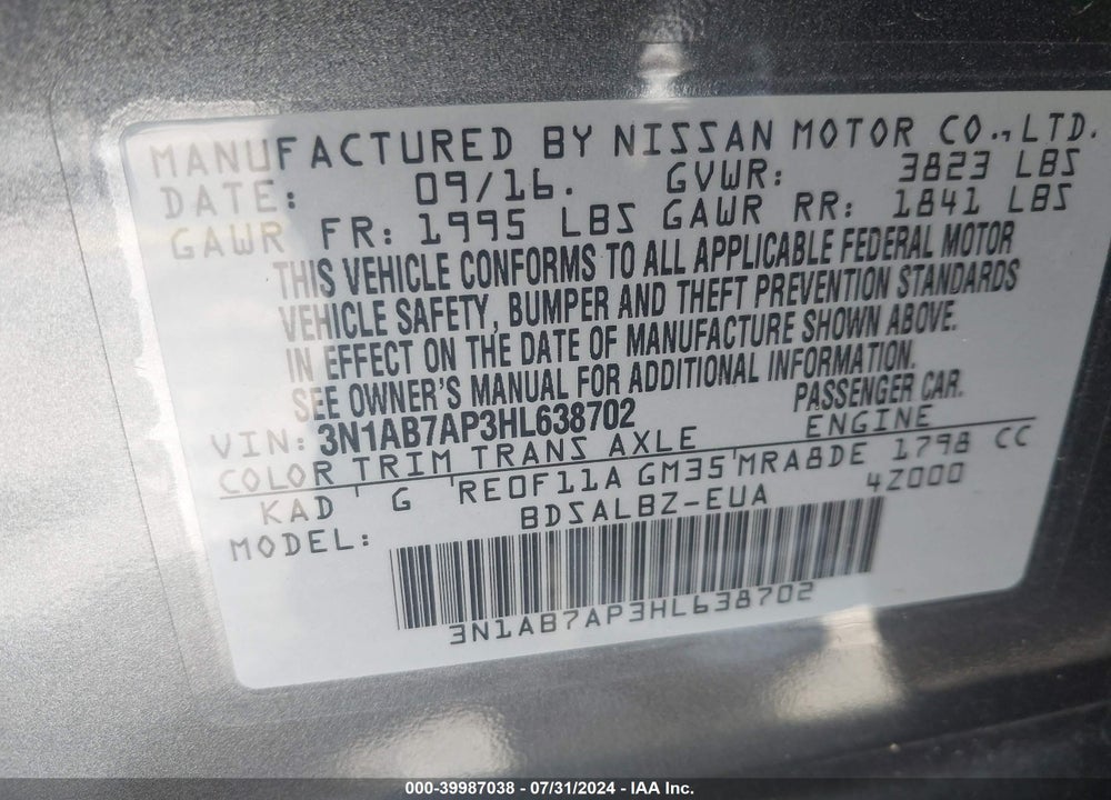 2017 NISSAN SENTRA S VIN: 3N1AB7AP3HL638702