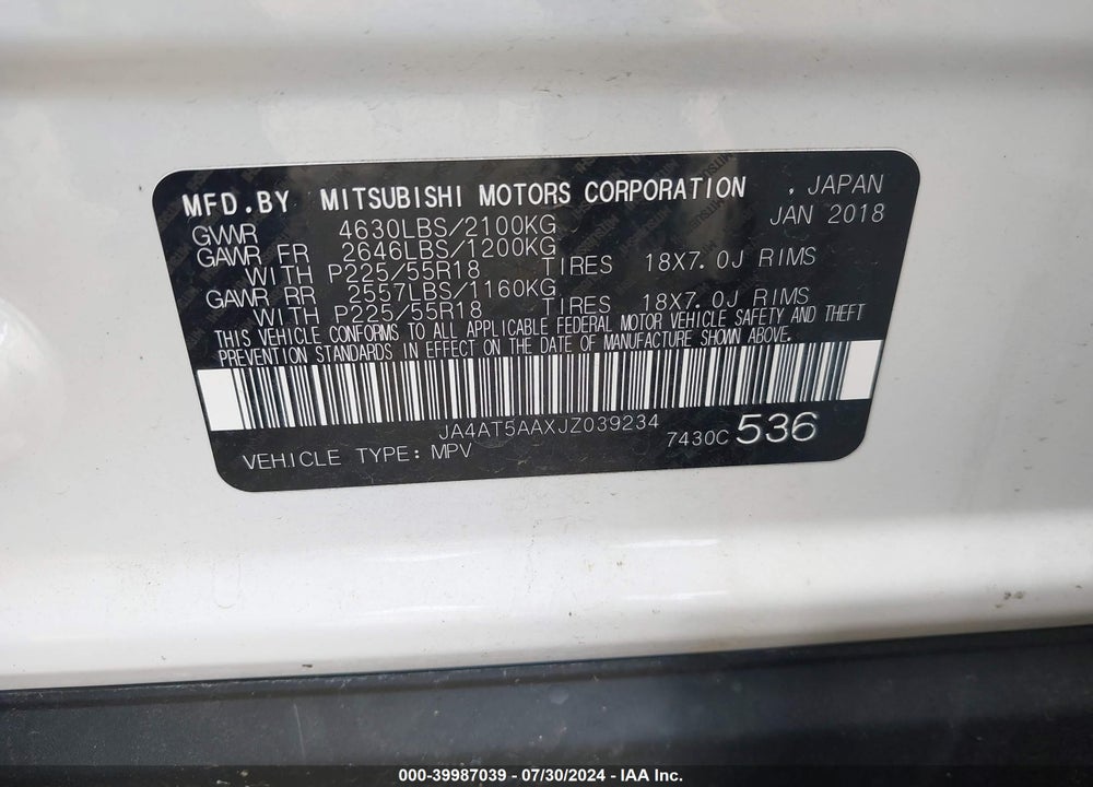 2018 MITSUBISHI ECLIPSE CROSS SE VIN: JA4AT5AAXJZ039234